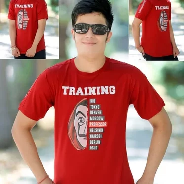 Boys Red Printed Round Neck T Shirt