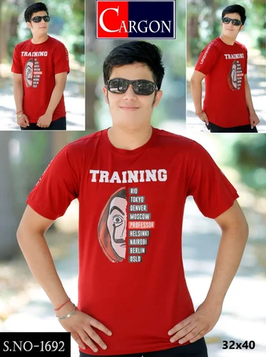 Boys Red Printed Round Neck T Shirt