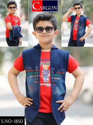 Boys Red Printed T Shirt With Jacket